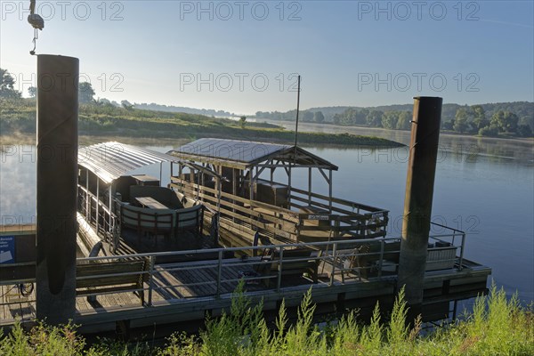 Houseboats at the Elbe jetty near Darchau in the Elbe River Landscape UNESCO Biosphere Reserve. Amt Neuhaus