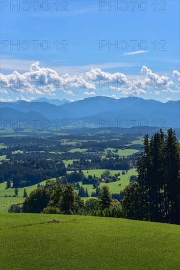 View from the Auerberg near Bernbeuern to the Allgaeu mountains near Fuessen