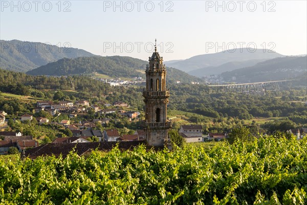 Tower of church Igrexa de Santo Andre surrounding countryside