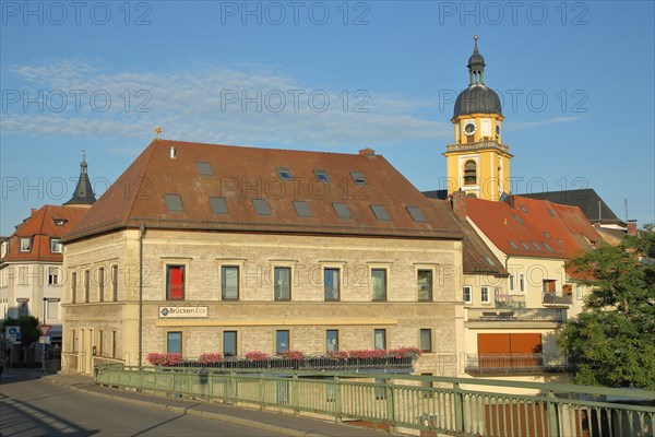 Building Brueckeneck with steeple of the baroque Protestant town church