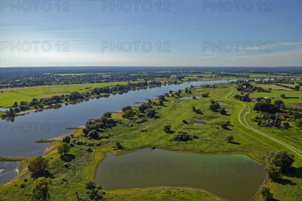 Aerial view of the Elbe floodplain near Neu-Bleckede in the Elbe River Landscape UNESCO Biosphere Reserve. Boizenburg