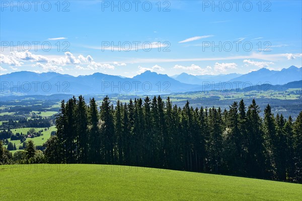 View from the Auerberg near Bernbeuern to the Allgaeu mountains near Fuessen