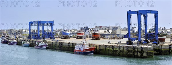 Trawler fishing boats on shipbuilding yard for maintenance works in the Guilvinec port