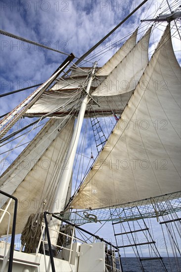 Sails and rigging on board of the tall ship