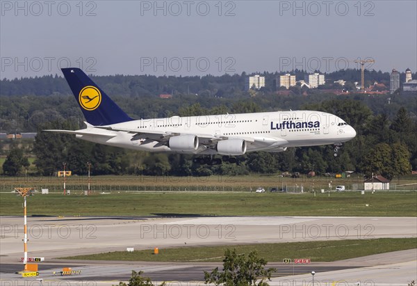 Lufthansa Airbus A380-800 from Boston approaching Munich Airport