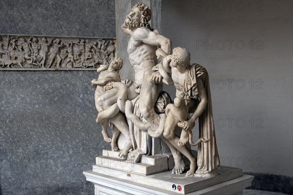 View View from half right on Lacoon group historical sculpture in marble marble sculpture by ancient sculptor Laocoon group of priest Laocoon and sons fights fight with snake