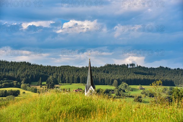 Church tower of the Catholic parish church Stankt Pelagius in the municipality of Weitnau in Oberallgaeu