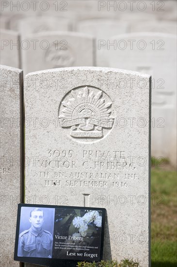 Picture at Australian soldier's grave at the Lijssenthoek Military Cemetery