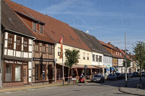 Half-timbered houses and shops in Muehlenstrasse Am Markt in Seehausen