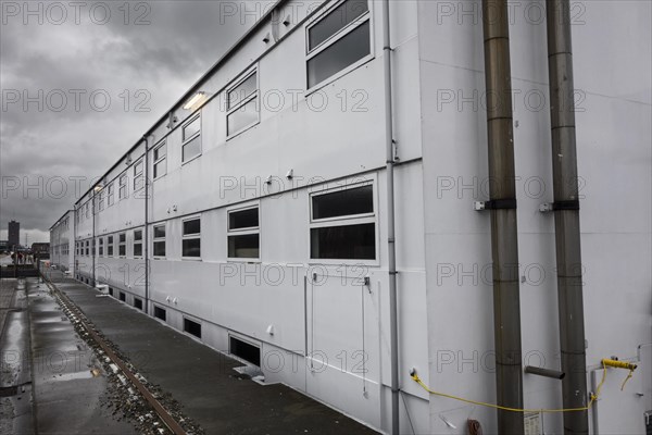 Arrival of pontoon De Reno in the Ghent port. Former floating prison from the Netherlands will now be used to accommodate up to 250 asylum seekers at the Rigakaai dock in the harbour of Ghent