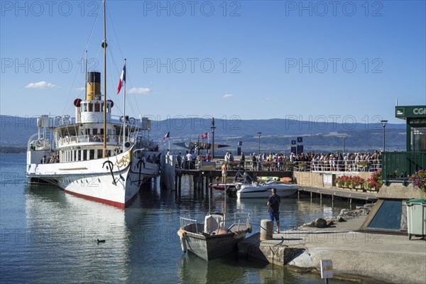 Swiss historic Belle Epoque paddle steamboat Savoie in the old port at Yvoire along Lake Geneva