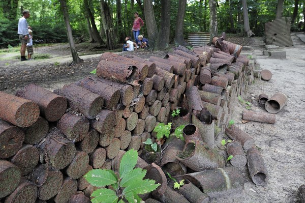 Stacked grenade and bomb shells from World War One at the Sanctuary Wood Museum Hill 62 at Zillebeke