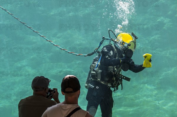 Visitors watching surface-supplied diver equipped with umbilical cleaning glass on inside of huge water tank