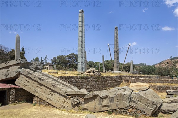 4th century King Ezana's Stela and fallen and broken Great Stele at the Northern Stelae Park in Axum