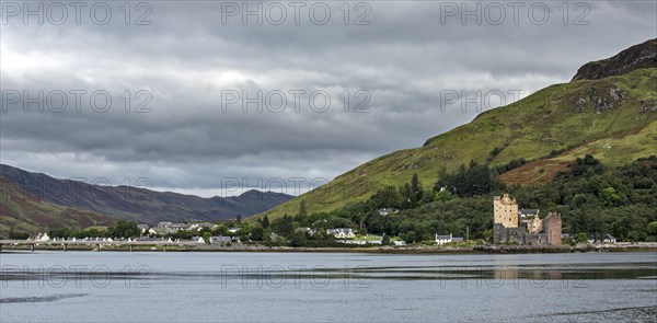 The village Dornie and Eilean Donan Castle in Loch Duich seen from Totaig