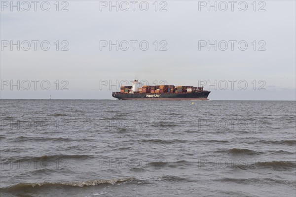 The container ship Missouri Express of Hapag-Lloyd shipping line entering the Elbe River in Cuxhaven