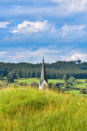 Church tower of the Catholic parish church Stankt Pelagius in the municipality of Weitnau in Oberallgaeu