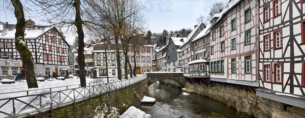 Half-timbered historic houses along the Rur river at Monschau
