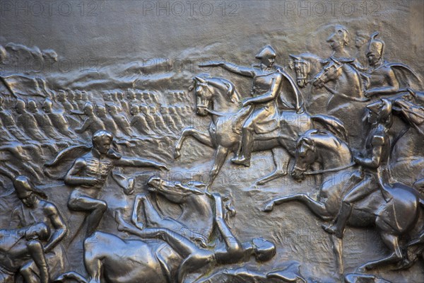 An engraving on the Wellington Monument shows The Duke of Wellington during the Battle of Waterloo in 1815. Picadilly