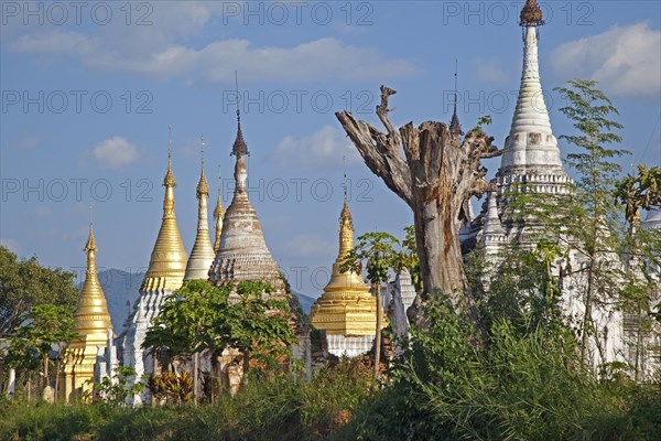 Golden and white Buddhist Stupas on the shore along Inle Lake