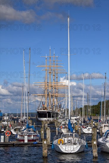 Sailing boats and sailing ship Passat in the Travemuende harbour