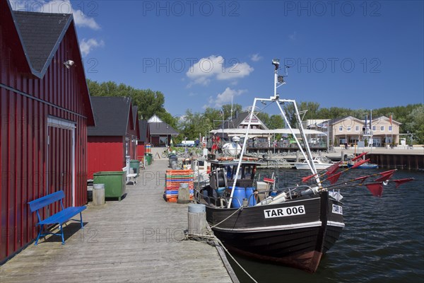 Fishing boats moored in front of red wooden huts in the harbour of Boltenhagen along the Baltic Sea