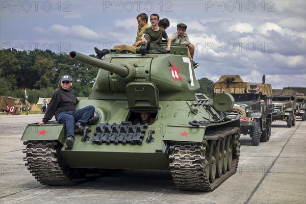 T-34 Soviet medium tank during WW2 military vehicles parade at Wold War Two militaria fair