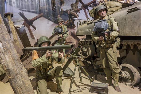 Diorama showing WW2 US soldiers fighting at Omaha beach in the Overlord Museum about WWII D-Day