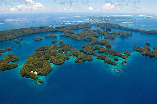 Bird's eye view of UNESCO Natural Heritage Rock Islands in southern lagoon of Palau