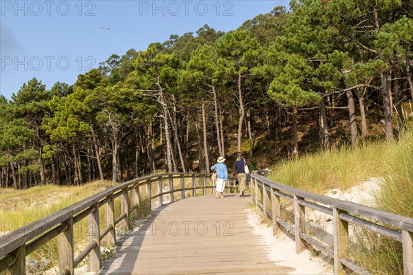 People walking on wooden boardwalk