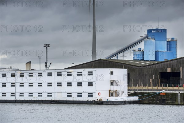 Arrival of pontoon De Reno in the Ghent port. Former floating prison from the Netherlands will now be used to accommodate up to 250 asylum seekers at the Rigakaai dock in the harbour of Ghent