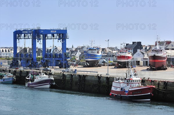 Trawler fishing boats on shipbuilding yard for maintenance works in the Guilvinec port