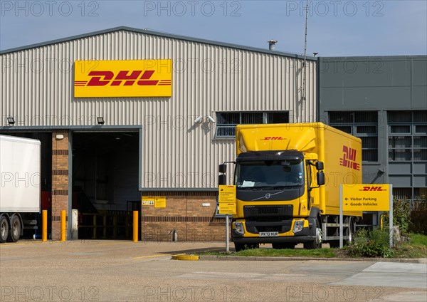 DHL parcel depot with HGV lorry vehicle