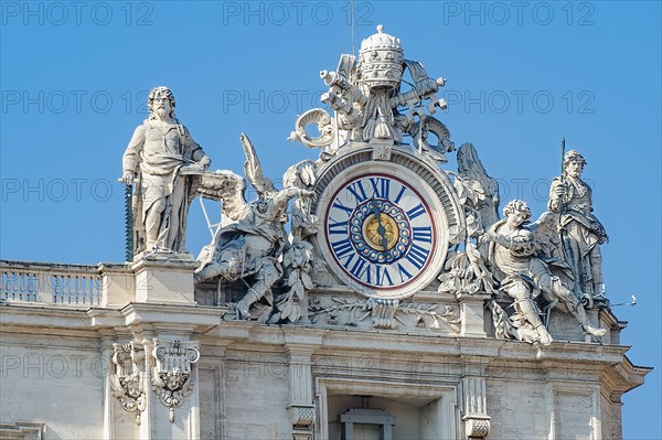 View of dome right clock of St. Peter's Basilica by Giuseppe Valadier with single hand clock hand showing actual local time according to position of the sun