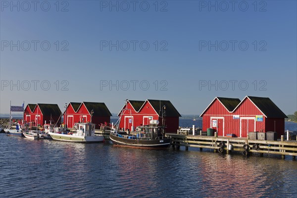 Fishing boats moored in front of red wooden huts in the harbour of Boltenhagen along the Baltic Sea