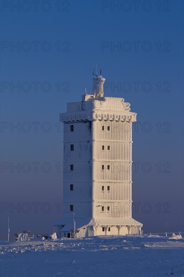 The Brocken weather station on the Brocken in the snow in winter