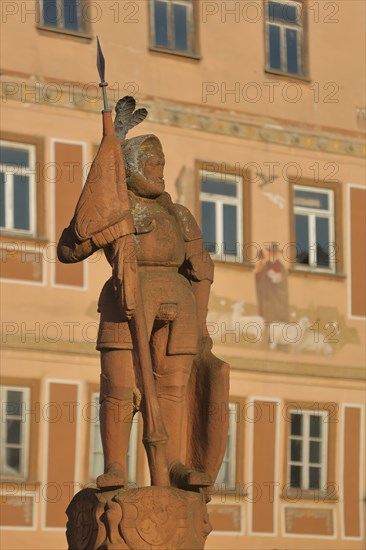 Milchling fountain with sculpture of Grand Master Wolfgang Schutzbar alias Milchling of the Teutonic Order as knight with coat of arms