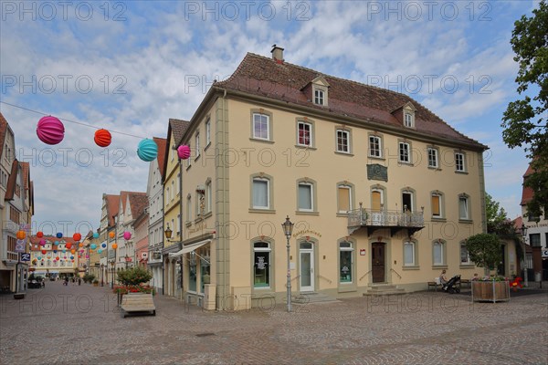 Beethoven House on Deutschordensplatz and colourful lantern decoration in Burgstrasse