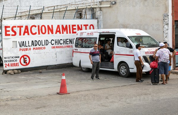 Collective bus taxi station for transport to Chichen Itza