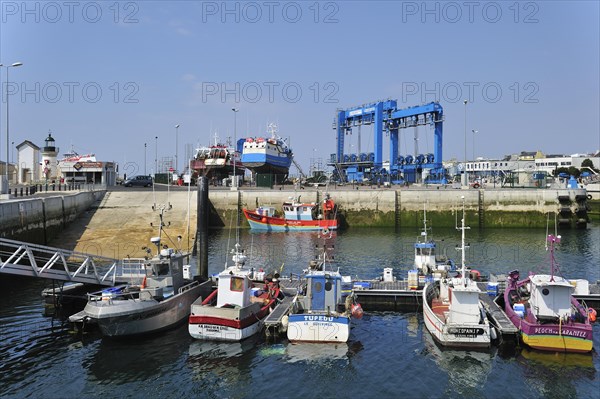 Trawler fishing boats on shipbuilding yard for maintenance works in the Guilvinec port