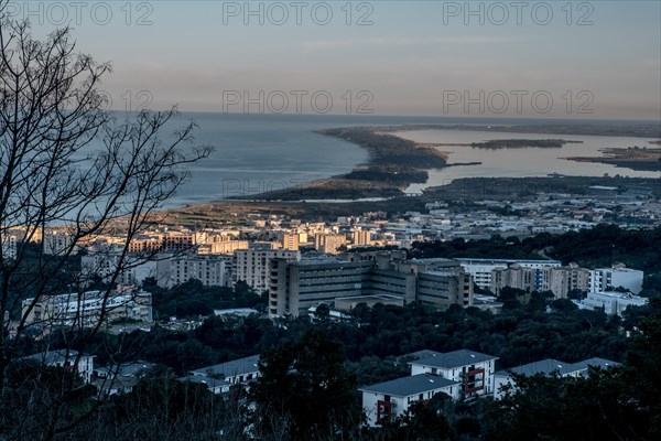 View of the Etang de Biguglia. In the foreground the harbour town of Bastia on the Mediterranean island of Corsica