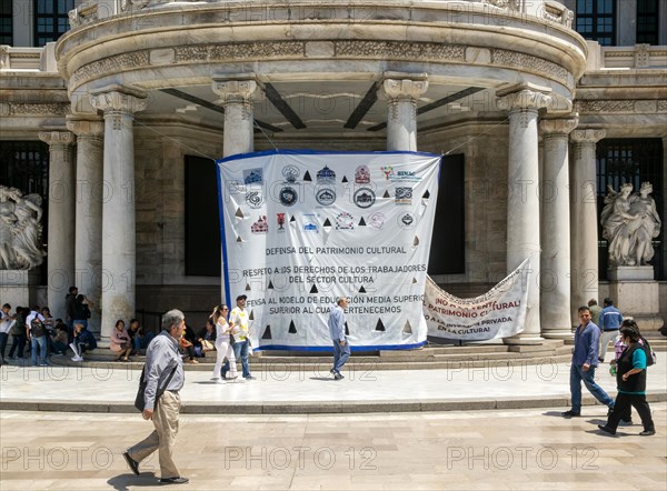 Protest posters banners outside Palacio de Bellas Artes