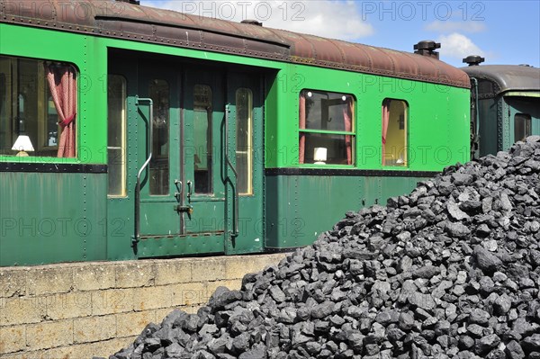 Heap of coal as fuel for steam train at the depot of the Chemin de Fer a Vapeur des Trois Vallees at Mariembourg