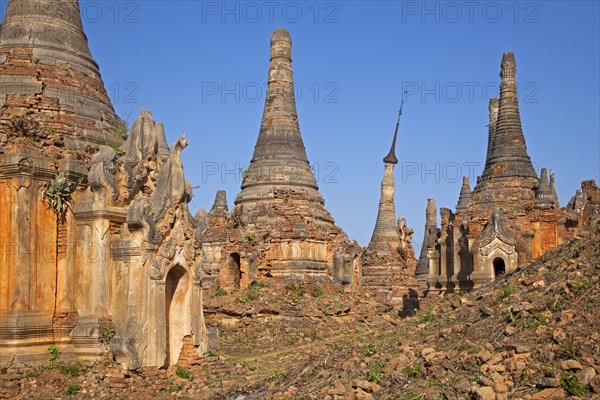 Ancient red brick Buddhist stupas near the village In Dein