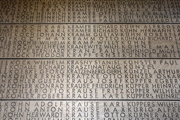 Names of fallen German soldiers at the First World War One military cemetery Deutscher Soldatenfriedhof Langemark