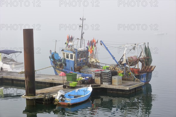 Fishing boat in thick fog in the harbour at Saint-Denis-d'Oleron on the island Ile d'Oleron