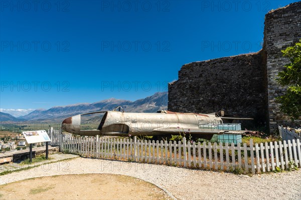 Old fighter plane in the Ottoman castle fortress of Gjirokaster or Gjirokastra. Albanian