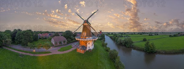 Aerial view of the twin mills at the Old Greetsiel Low Seal