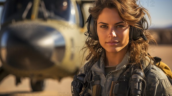 Female military helicopter pilot standing near her aircraft