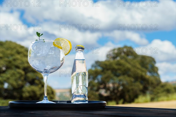 Bottle of tonic with a glass with ice on a black tray and landscape with trees and clouds in the sky out of focus in the background